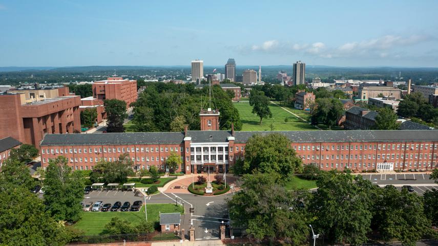 Garvey Hall and campus green from aerial view